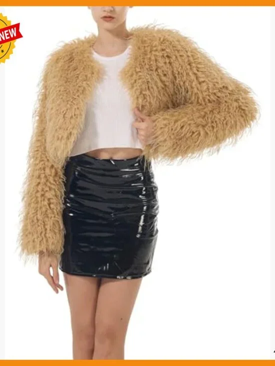 Cropped Faux Fur Jacket Long Sleeve Open Front Cardigan Winter Coat - Picture 3 of 7